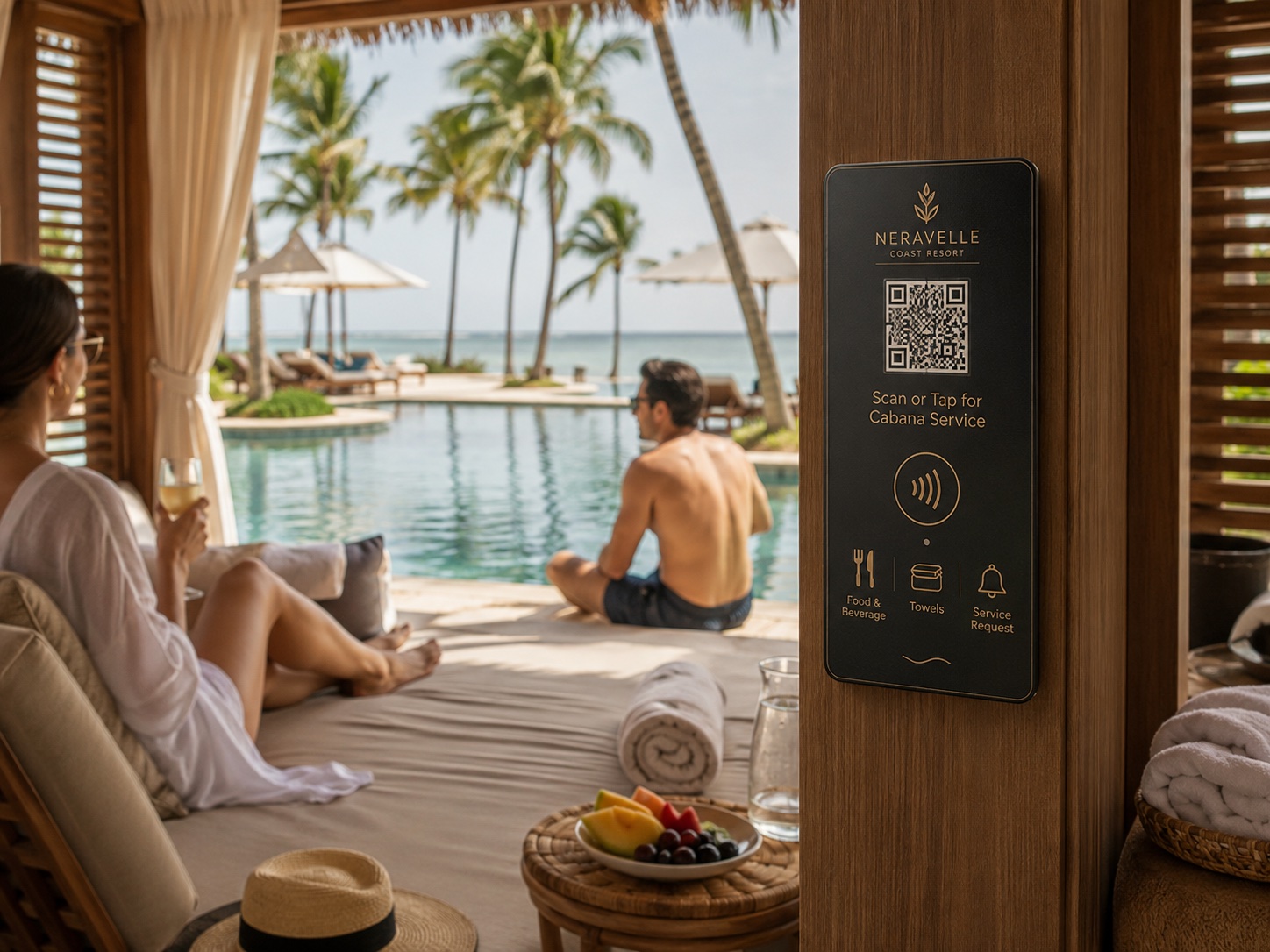 Permanently mounted QR code and NFC guest service plaque on a resort cabana post
