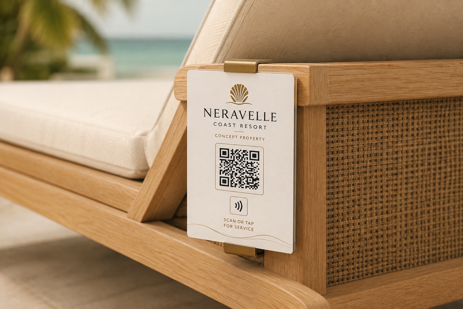 Small branded QR code and NFC access point attached to a resort lounge chair