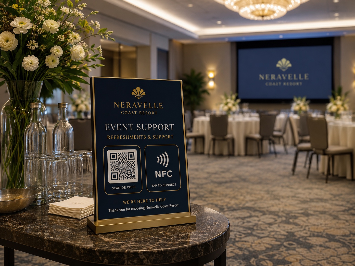 Branded QR code and NFC event support sign in a hotel meeting and event area