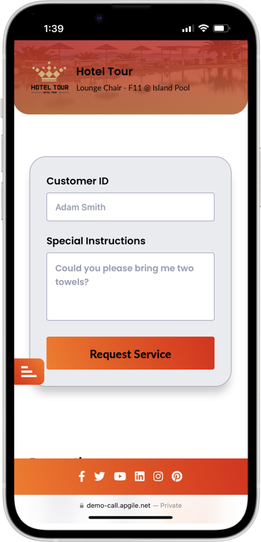 Smartphone showing a hotel guest requesting two towels from Lounge Chair F11 at Island Pool