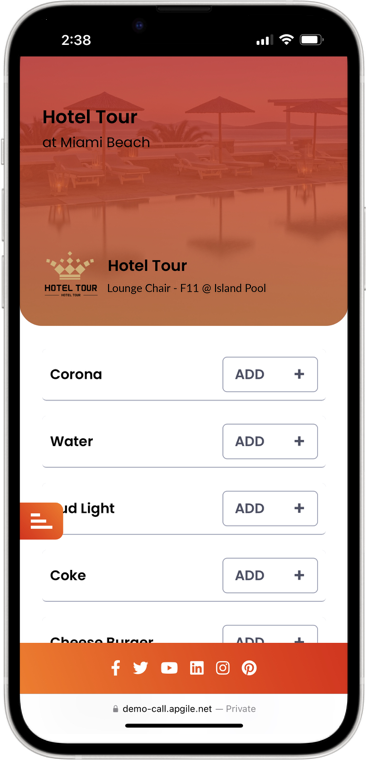 Smartphone showing poolside food and beverage ordering for Lounge Chair F11 at Island Pool