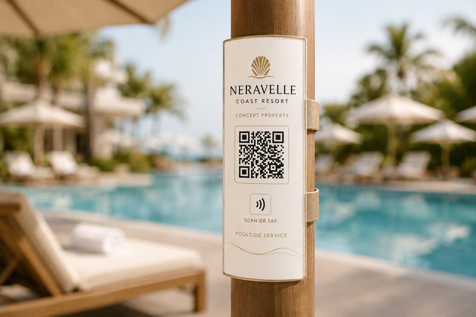 Weather-resistant QR code and NFC service tag permanently attached to a resort pool umbrella