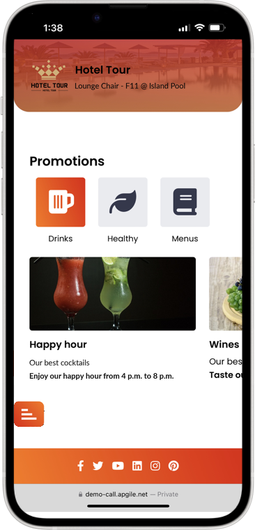 Smartphone showing hotel drink, wellness, menu, wine, and happy-hour promotions