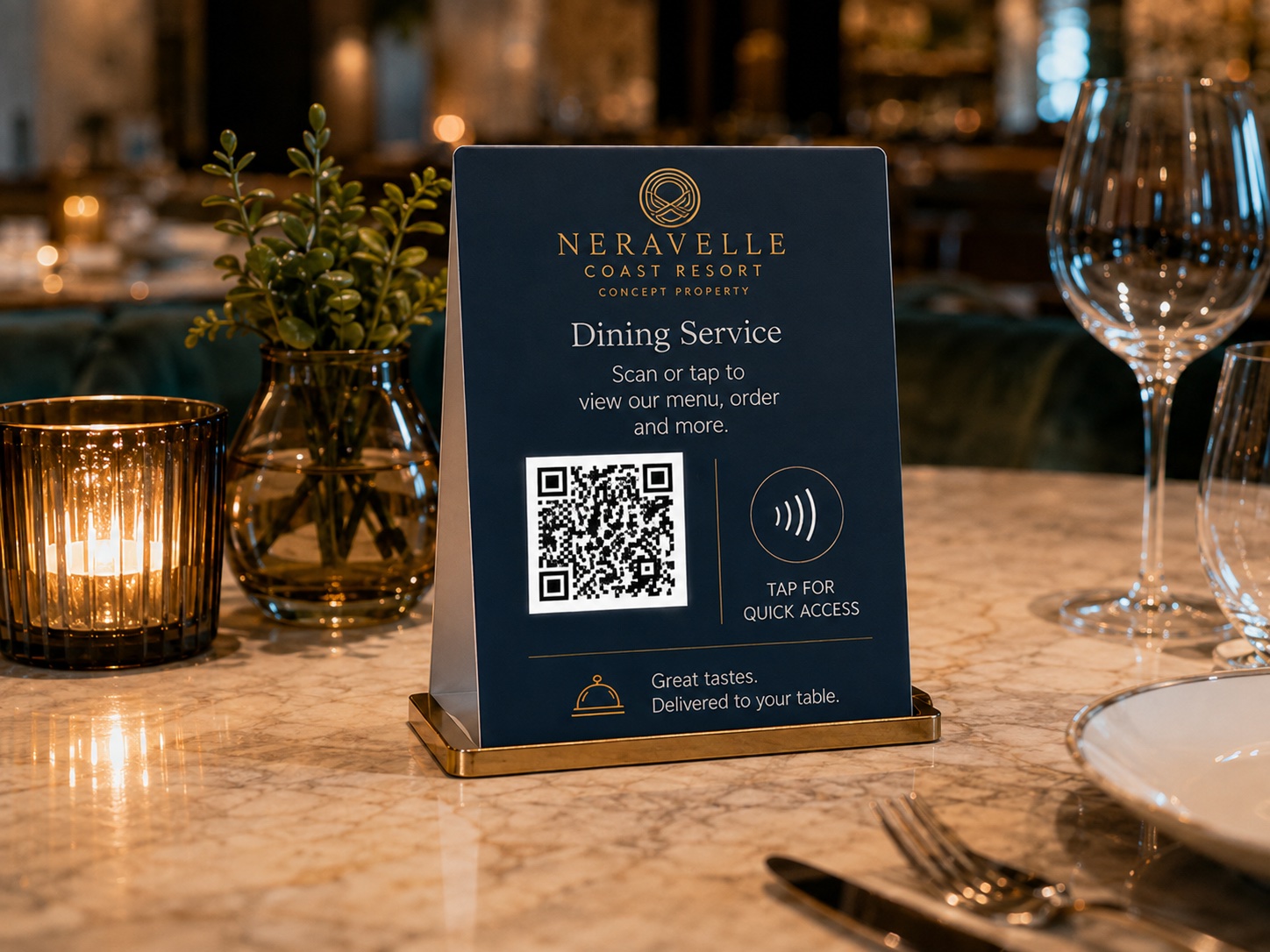 Branded QR code and NFC tabletop display on a resort restaurant table