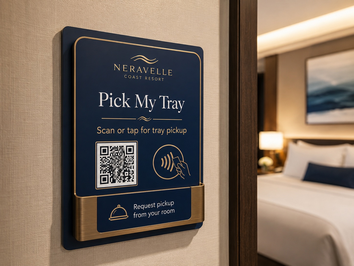 QR code and NFC guest access point displayed in a hotel guest room