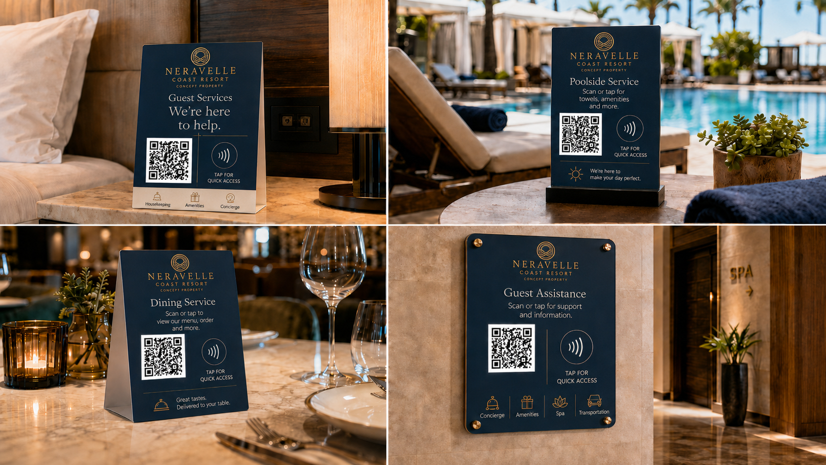 Branded QR code and NFC guest service signs in a hotel room, pool, restaurant, and spa