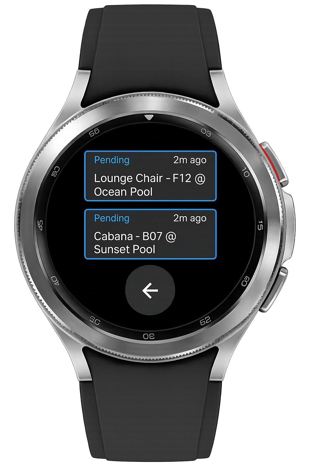 Smartwatch showing pending hotel service requests from Lounge Chair F12 at Ocean Pool and Cabana B07 at Sunset Pool